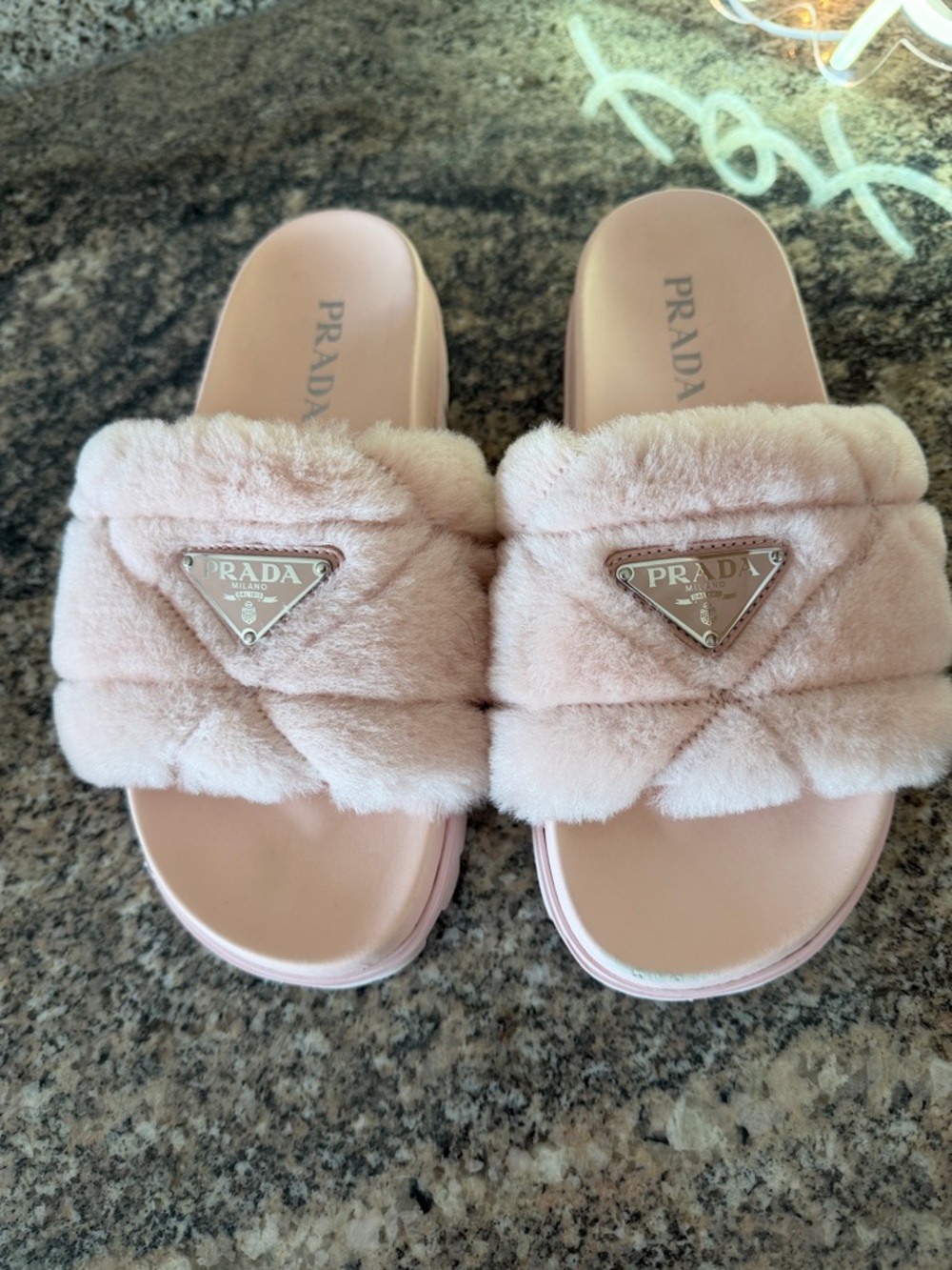 Prada Slides Quilted Faux Fur in Light Pink